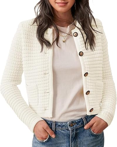 Saodimallsu Damen Kurz Strickjacke Langarm Cardigan Rundhalsausschnitt Knopfleiste Strickweste Vintage Trachtenjacke Elegante Oberteil mit Taschen Weiß XL von Saodimallsu