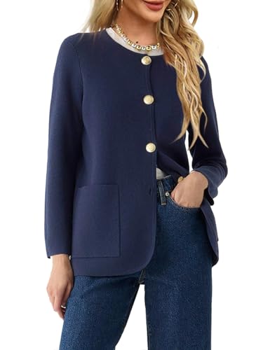 Saodimallsu Damen Leichte Strickjacke mit Taschen und Knöpfen Elegant Blazer Rundhals Langarm Oberteil Mäntel Herbst Jacken Dunkelblau, S von Saodimallsu