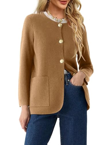 Saodimallsu Damen Leichte Strickjacke mit Taschen und Knöpfen Elegant Blazer Rundhals Langarm Oberteil Mäntel Herbst Jacken khaki, M von Saodimallsu