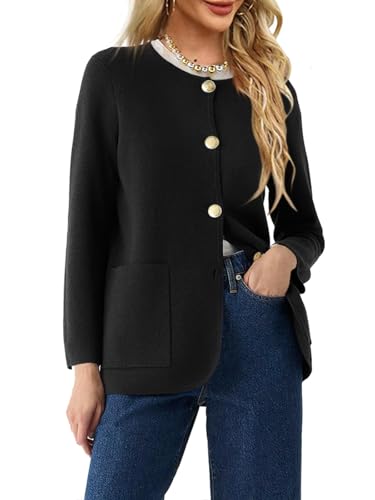 Saodimallsu Damen Leichte Strickjacke mit Taschen und Knöpfen Elegant Blazer Rundhals Langarm Oberteil Mäntel Herbst Jacken Schwarz, M von Saodimallsu