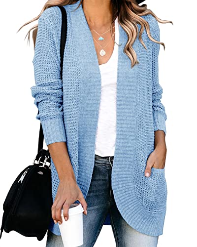 Saodimallsu Damen Lose Open Front Strickjacke Langarm Lässige Leichte Weiche Strickpullover Mantel Mit Taschen (Groß, Hellblau) von Saodimallsu