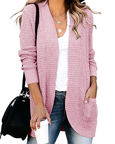 Saodimallsu Damen Lose Open Front Strickjacke Langarm Lässige Leichte Weiche Strickpullover Mantel Mit Taschen (X-Large, Pink) von Saodimallsu