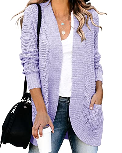 Saodimallsu Damen Lose Open Front Strickjacke Langarm Lässige Leichte Weiche Strickpullover Mantel mit Taschen (Mittel, Lila) von Saodimallsu