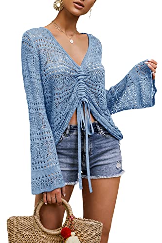 Saodimallsu Damen Oberteile Flowy Oversized Langarm Frühling Sommer Strickpullover V-Ausschnitt Crochet Sexy Pullover Blau Mittel von Saodimallsu