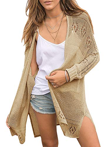 Saodimallsu Damen Open Front Strickjacke Leichte Weiche Sommer Boho Cardigan Casual Langarm Strickpullover Khaki Groß von Saodimallsu