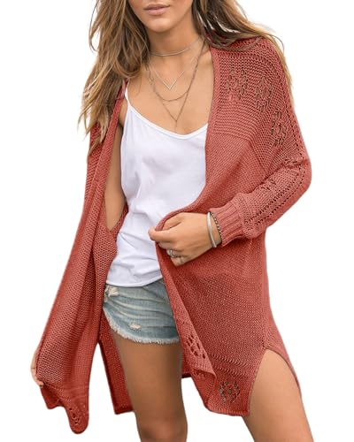 Saodimallsu Damen Open Front Strickjacke Leichte Weiche Sommer Boho Cardigan Casual Langarm Strickpullover Ziegelrot Groß von Saodimallsu