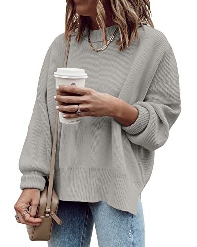 Saodimallsu Damen Oversized Langarm Pullover Gerippter Rundhals Sweater Seitenschlitz Strickpullover für Herbst und Winter Grau M von Saodimallsu