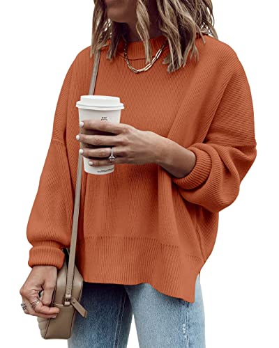 Saodimallsu Damen Oversized Langarm Pullover Gerippter Rundhals Sweater Seitenschlitz Strickpullover für Herbst und Winter Orange M von Saodimallsu