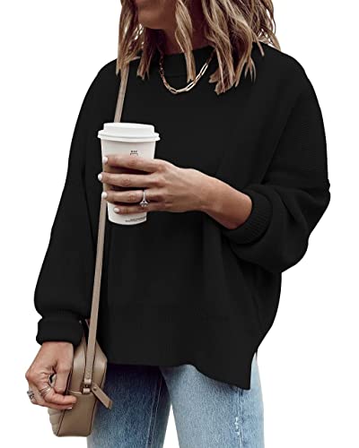 Saodimallsu Damen Oversized Langarm Pullover Gerippter Rundhals Sweater Seitenschlitz Strickpullover für Herbst und Winter Schwarz S von Saodimallsu
