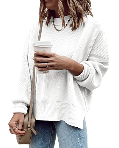 Saodimallsu Damen Oversized Langarm Pullover Gerippter Rundhals Sweater Seitenschlitz Strickpullover für Herbst und Winter Weiß XXL von Saodimallsu