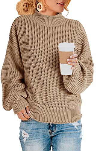 Saodimallsu Damen Oversized Pullover Rollkragen Zopfstrick Pullover Fledermaus Langarm Chunky Pullover Pullover Tops Z Waffel Khaki S von Saodimallsu