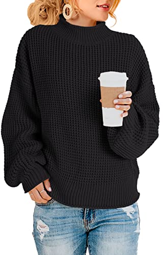 Saodimallsu Damen Oversized Pullover Rollkragen Zopfstrick Pullover Fledermaus Langarm Chunky Pullover Tops Z Waffel Schwarz S von Saodimallsu