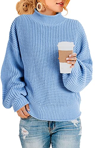 Saodimallsu Damen Oversized Pullover Rollkragen Zopfstrick Pullover Fledermaus Langarm Chunky Pullover Tops Z Waffelblau M von Saodimallsu