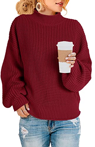 Saodimallsu Damen Oversized Pullover Rollkragen Zopfstrick Pullover Fledermaus Langarm Chunky Pullover Tops Z Waffelwein Rot-Burgunder L von Saodimallsu