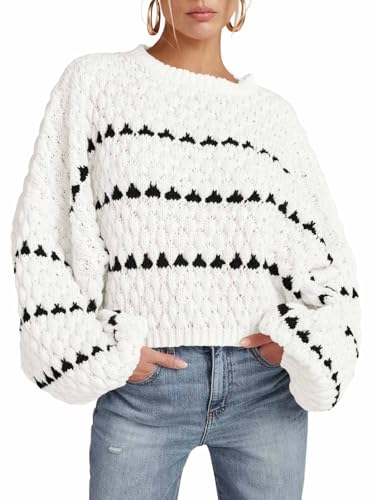 Saodimallsu Damen Pullover Oversize Herbst Strickpullover Elegant Winter Gestreifte Pulli Puffärmel Rundhal Jumper, Weiß, L von Saodimallsu