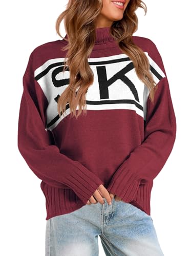 Saodimallsu Damen Oversized Pullover Turtleneck Ski Print Farbe Block Strickpullover Herbst Winter Langer Ärmel Gerippt Grobstrick Trendy Sweater Oberteil, Burgunderrot, XL von Saodimallsu
