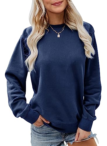 Saodimallsu Damen Oversized Rundhals Sweatshirts Langarm Lockere Passform Weich Einfarbig Pullover Herbst Winter Oberteile Dunkelblau Klein von Saodimallsu