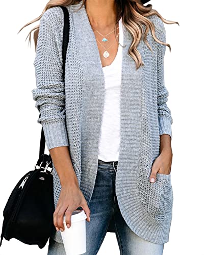 Saodimallsu Damen Oversized Strickjacke Open Front Langarm Lässige Leichte Weiche Cardigan Mantel Mit Taschen Grau L von Saodimallsu