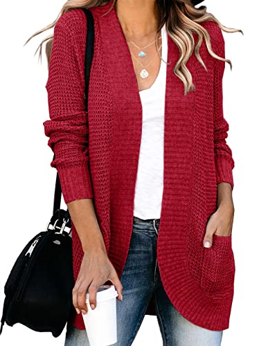 Saodimallsu Damen Oversized Strickjacke Open Front Langarm Lässige Leichte Weiche Cardigan Mantel Mit Taschen Weinrot XL von Saodimallsu