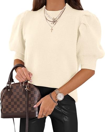 Saodimallsu Damen Puff Kurzarm Pullover Rundhals T-Shirt Sommer Leicht Strickpullover Puffärmel Elegante Stretch Bluse Einfarbige Oberteile Basic Sweatshirt Tops Cremeweiß XXL von Saodimallsu