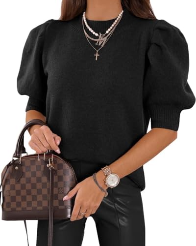 Saodimallsu Damen Puff Kurzarm Pullover Rundhals T-Shirt Sommer Leicht Strickpullover Puffärmel Elegante Stretch Bluse Einfarbige Oberteile Basic Sweatshirt Tops Schwarz L von Saodimallsu