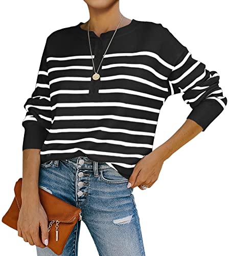 Saodimallsu Damen Pullover Casual Lightweight Langarm Oberteile Rundhals Gestreiftes Oversized Herbst Winter Strickpullover Schwarz Groß von Saodimallsu