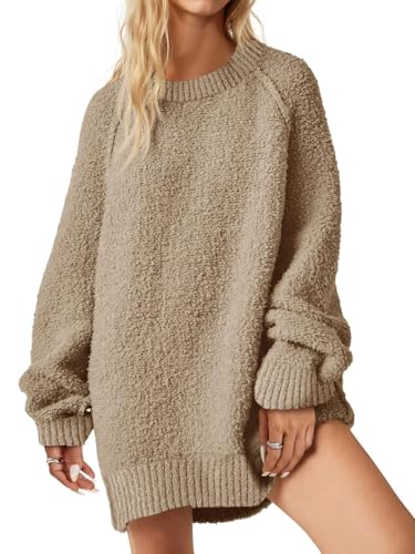 Saodimallsu Damen Oversized Pullover Rundhals Langarm Sweatshirt Dünn Teddy Fleece Strickpullover Oberteile Casual Locker Pulli Tops Für Frühling Herbst Winter Khaki XL von Saodimallsu