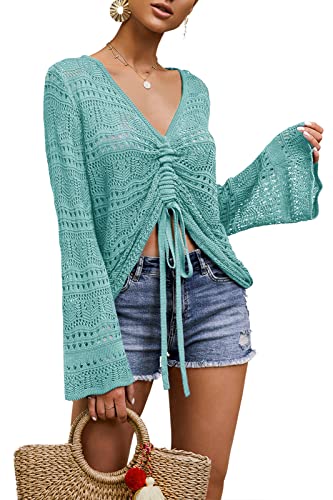 Saodimallsu Damen Pullover Flowy Oversized Langarm Frühling Sommer Strickpullover V-Ausschnitt Crochet Sexy Tops Grün von Saodimallsu