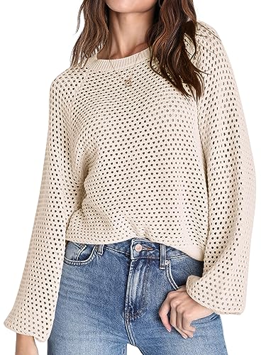 Saodimallsu Pullover Damen Rundhalsausschnitt Mesh Langarm Tops Einfarbig Elegant Jumper Sweater Beige XL von Saodimallsu