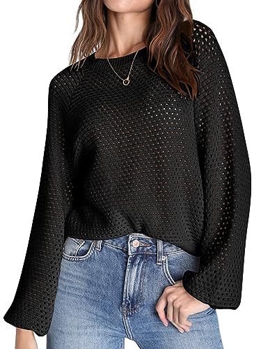 Saodimallsu Pullover Damen Rundhalsausschnitt Mesh Langarm Tops Einfarbig Elegant Jumper Sweater Schwarz L von Saodimallsu