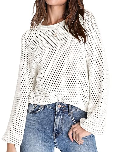 Saodimallsu Pullover Damen Rundhalsausschnitt Mesh Langarm Tops Einfarbig Elegant Jumper Sweater Weiß XL von Saodimallsu