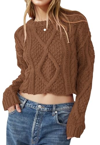 Saodimallsu Damen Pullover Kurz bauchfrei Strickpullover Rundhals Langarm Einfarbige Herbst Winter Rippstrick Oberteile,Kaffee,L von Saodimallsu