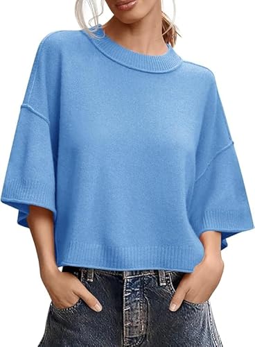 Saodimallsu Damen Pullover Kurzarm Rundhals Oversized T-Shirt Sommer Leicht Fledermausärmel Strickpullover Einfarbig Elegante Oberteile Tops Blau S von Saodimallsu