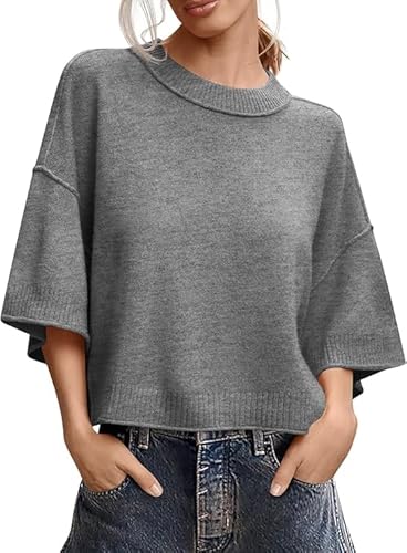 Saodimallsu Damen Pullover Kurzarm Rundhals Oversized T-Shirt Sommer Leicht Fledermausärmel Strickpullover Einfarbig Elegante Oberteile Tops Dunkelgrau M von Saodimallsu