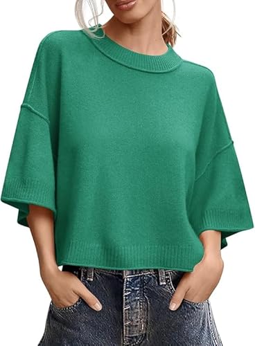Saodimallsu Damen Pullover Kurzarm Rundhals Oversized T-Shirt Sommer Leicht Fledermausärmel Strickpullover Einfarbig Elegante Oberteile Tops Grün M von Saodimallsu