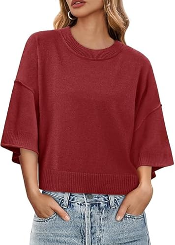 Saodimallsu Damen Pullover Kurzarm Rundhals Oversized T-Shirt Sommer Leicht Fledermausärmel Strickpullover Einfarbig Elegante Oberteile Tops Rot XS von Saodimallsu