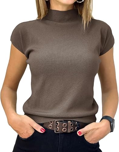 Saodimallsu Damen Pullover Kurzarm Sommer Strickpullover mit Stehkragen Einfarbig Slim Fit T-Shirt Oberteile Leicht Basic Strickshirts Braun M von Saodimallsu