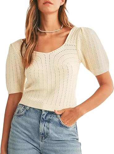 Saodimallsu Damen Pullover Kurzarm V-Ausschnitt Strickpullover Sommer Puffärmel Oberteile gehäkelte ausgehöhlte Blusen Tops Elegant Leicht Pulli Sweatshirt Beige L von Saodimallsu