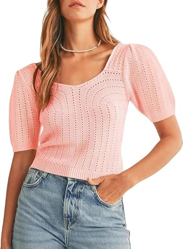 Saodimallsu Damen Pullover Kurzarm V-Ausschnitt Strickpullover Sommer Puffärmel Oberteile gehäkelte ausgehöhlte Blusen Tops Elegant Leicht Pulli Sweatshirt Rosa S von Saodimallsu