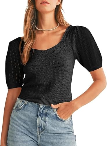 Saodimallsu Damen Pullover Kurzarm V-Ausschnitt Strickpullover Sommer Puffärmel Oberteile gehäkelte ausgehöhlte Blusen Tops Elegant Leicht Pulli Sweatshirt Schwarz S von Saodimallsu
