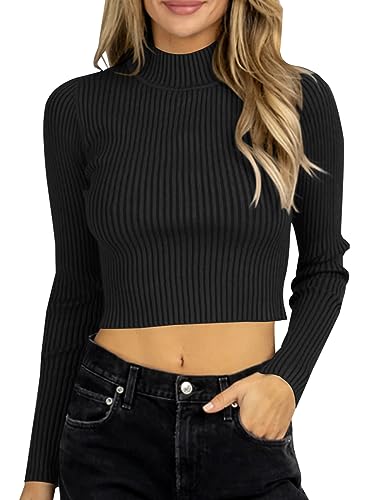 Saodimallsu Damen Pullover Langarm Rippenstrick Pullover Frauen Halb Rollkragenpullover Sexy Strickpullover Slim Fit, Schwarz, XL von Saodimallsu
