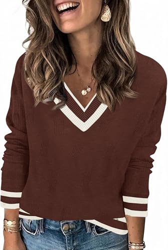 Saodimallsu Damen Pullover Langarm V-Ausschnitt Strickpullover Leicht Gestreifte Strick Tops Lässig Basic Pulli Herbst Winter Oberteile Braun XXL von Saodimallsu