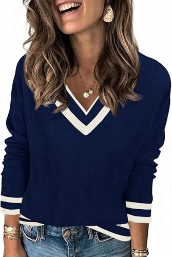 Saodimallsu Damen Pullover Langarm V-Ausschnitt Strickpullover Leicht Gestreifte Strick Tops Lässig Basic Pulli Herbst Winter Oberteile Dunkelblau XL von Saodimallsu