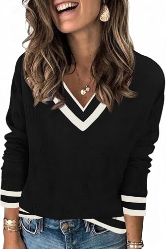 Saodimallsu Damen Pullover Langarm V-Ausschnitt Strickpullover Leicht Gestreifte Strick Tops Lässig Basic Pulli Herbst Winter Oberteile Schwarz XXL von Saodimallsu