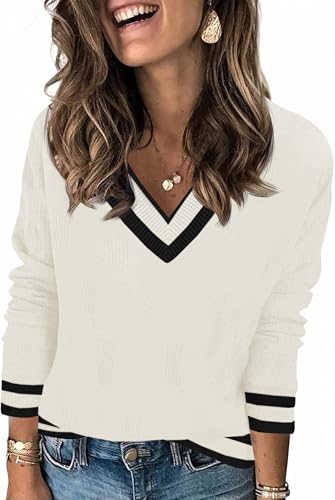 Saodimallsu Damen Pullover Langarm V-Ausschnitt Strickpullover Leicht Gestreifte Strick Tops Lässig Basic Pulli Herbst Winter Oberteile Weiß S von Saodimallsu