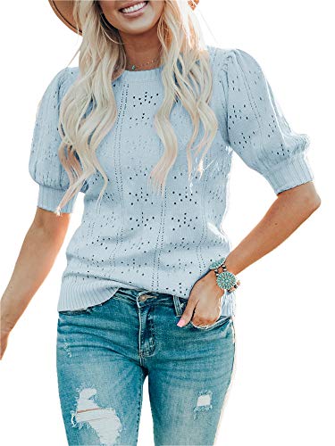 Saodimallsu Damen Pullover Laterne Kurzarm Tops Casual Rundhals Kleidung Niedlich Punkt Regular Fit Strickshirts Blau Klein von Saodimallsu