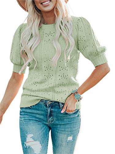 Saodimallsu Damen Pullover Laterne Kurzarm Tops Casual Rundhals Kleidung Niedlich Punkt Regular Fit Strickshirts Grün Groß von Saodimallsu