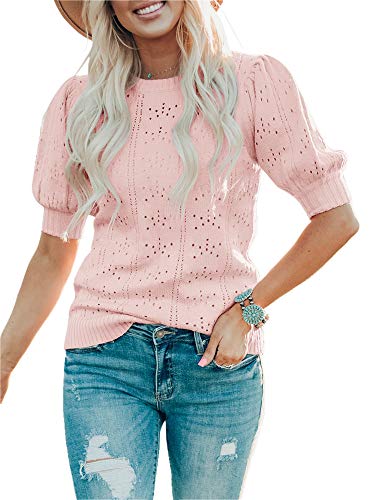 Saodimallsu Damen Pullover Laterne Kurzarm Tops Casual Rundhals Kleidung Niedlich Punkt Regular Fit Strickshirts Rose Klein von Saodimallsu