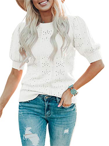 Saodimallsu Damen Pullover Laterne Kurzarm Tops Casual Rundhals Kleidung Niedlich Punkt Regular Fit Strickshirts Weiß Groß von Saodimallsu