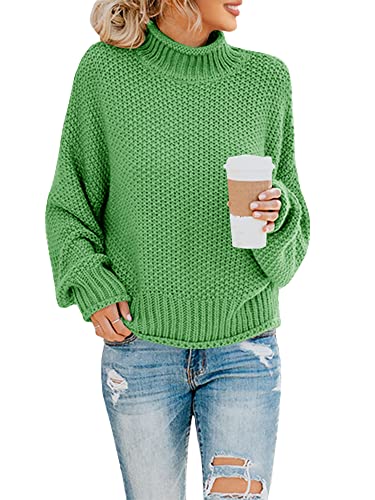 Saodimallsu Damen Pullover Oversize Rollkragen Knitted Sweater Fledermaus Langarm Loser Grobstrick Strickpullover Hellgrün XXL von Saodimallsu